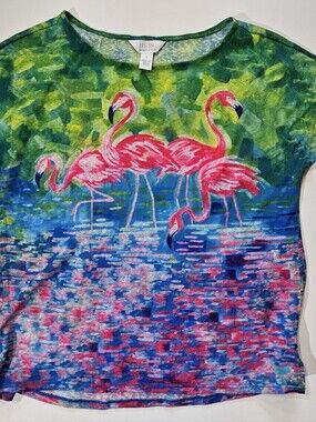 Art & Sol Flamingo T-shirt Womens Large Blue Green Pink Art To Wear Casual Tee